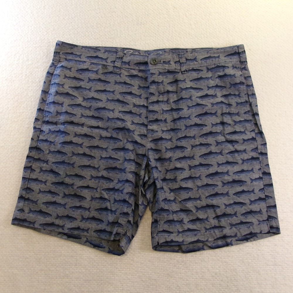 Eddie Bauer Mens 38 Shorts Blue Grey Fish Print Cotton Flat Front‎ Casual